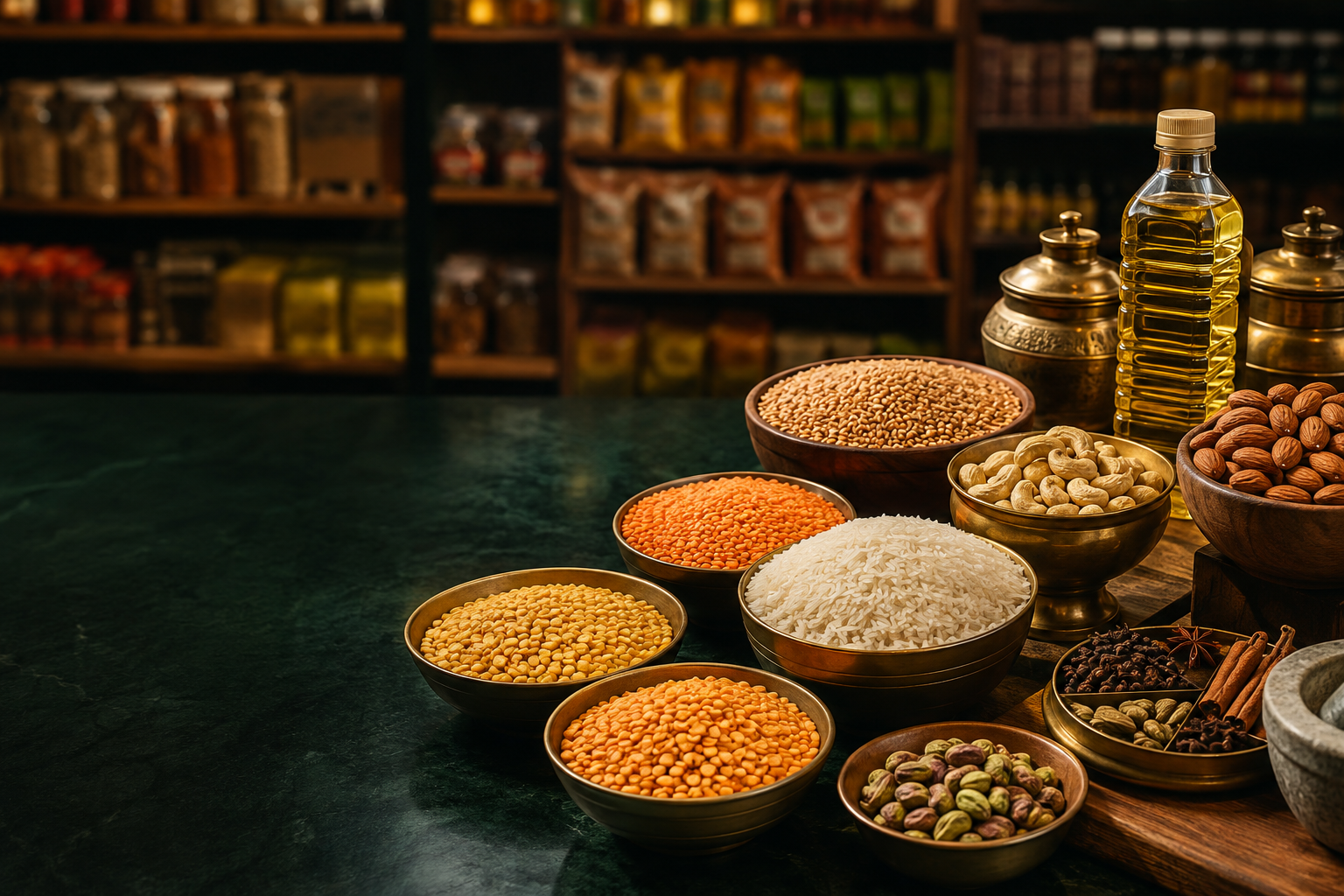 Rice, dals, dry fruits and spices on a grocery counter